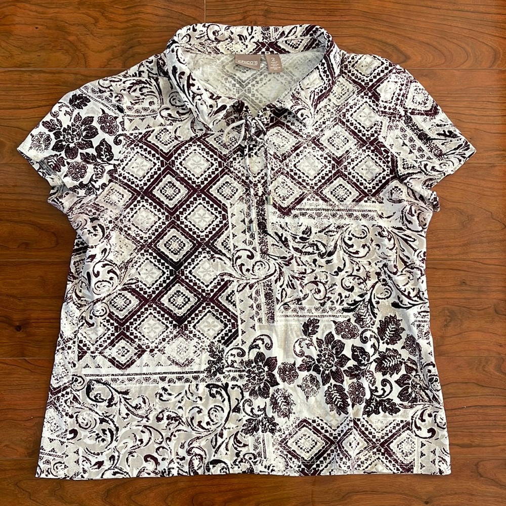 Chico's Purple and White Floral Aztec Pattern Short Sleeve Collared Blouse